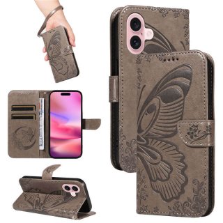 For iPhone 16 Butterfly Embossed Wallet Kickstand Case Gray