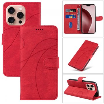 For iPhone 16 Pro Imprinted Line Wallet Magnetic Kickstand Case Red