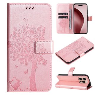 For iPhone 16 Pro Cat Tree Embossed Pattern Wallet Magnetic Case Rose Gold