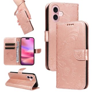 For iPhone 16 Butterfly Embossed Wallet Kickstand Case Rose Gold