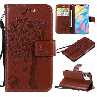 iPhone 12 Embossed Tree Cat Butterfly Wallet Stand Case Brown