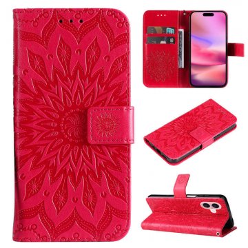 For iPhone 16 Embossed Sunflower Pattern Wallet Magnetic Case Rose