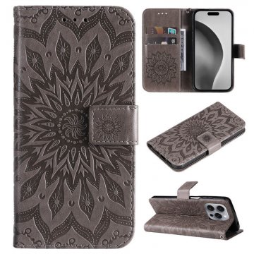 For iPhone 16 Pro Max Embossed Sunflower Pattern Wallet Magnetic Case Gray