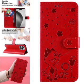 For iPhone 16 Pro Max Cat Bee Embossed Pattern Wallet Magnetic Case Red