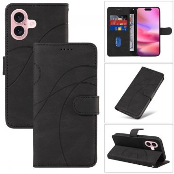 For iPhone 16 Imprinted Line Wallet Magnetic Kickstand Case Black