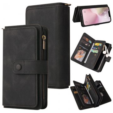 For iPhone 16e Wallet 15 Card Slots Leather Case with Wrist Strap Black