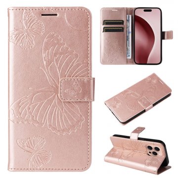 For iPhone 16 Pro Butterfly Embossed Wallet Magnetic Case Rose Gold