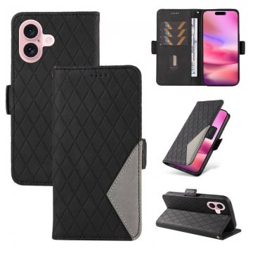 For iPhone 16 Color Splicing Wallet Magnetic Kickstand Case Black