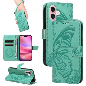 For iPhone 16 Butterfly Embossed Wallet Kickstand Case Green