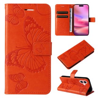 For iPhone 16 Butterfly Embossed Wallet Magnetic Case Orange