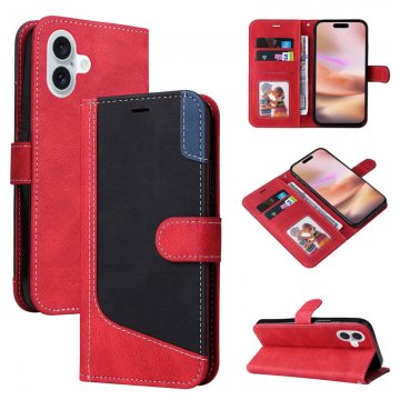 For iPhone 16 Plus Three-Color Splicing Wallet Kickstand Magnetic Case Red