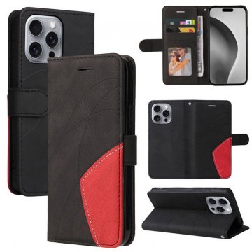 For iPhone 16 Pro Max Dual-Color Splicing Wallet Magnetic Stand Case Black