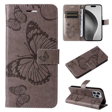 For iPhone 16 Pro Max Butterfly Embossed Wallet Magnetic Case Gray