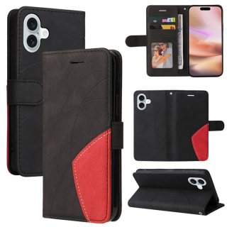 For iPhone 16 Plus Dual-Color Splicing Wallet Magnetic Stand Case Black