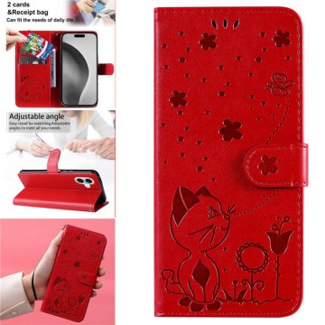 For iPhone 16 Plus Cat Bee Embossed Pattern Wallet Magnetic Case Red