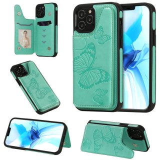 iPhone 12 Pro Luxury Butterfly Magnetic Card Slots Stand Case Green