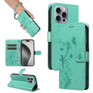 For iPhone 16 Pro Max Embossed Apricot Blossom Pattern Wallet Case Green