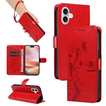 For iPhone 16 Plus Embossed Apricot Blossom Pattern Wallet Case Red