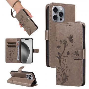 For iPhone 16 Pro Max Embossed Apricot Blossom Pattern Wallet Case Gray