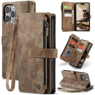 CaseMe iPhone 16 Pro Max Wallet Kickstand Case with Wrist Strap Coffee