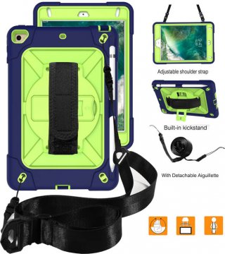 iPad Mini 5 Kickstand Hand strap and Detachable Shoulder Strap Cover Navy Blue + Olivine