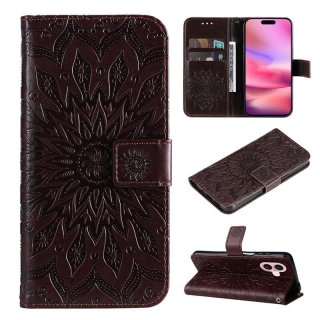 For iPhone 16 Embossed Sunflower Pattern Wallet Magnetic Case Brown