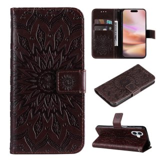 For iPhone 16 Plus Embossed Sunflower Pattern Wallet Magnetic Case Brown