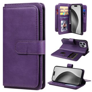 For iPhone 16 Pro Max Wallet 10 Card Slots Kickstand Leather Case Purple