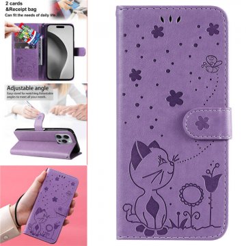 For iPhone 16 Pro Max Cat Bee Embossed Pattern Wallet Magnetic Case Purple