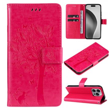 For iPhone 16 Pro Max Cat Tree Embossed Pattern Wallet Case Rose