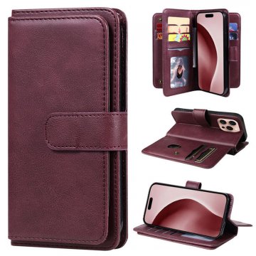 For iPhone 16 Pro Wallet 10 Card Slots Kickstand Leather Case Red