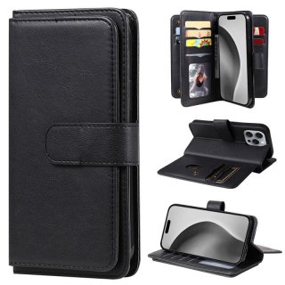 For iPhone 16 Pro Max Wallet 10 Card Slots Kickstand Leather Case Black