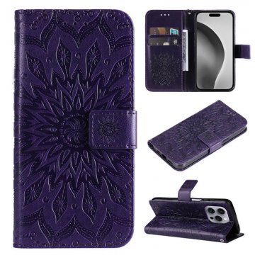 For iPhone 16 Pro Max Embossed Sunflower Pattern Wallet Magnetic Case Purple