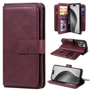 For iPhone 16 Pro Max Wallet 10 Card Slots Kickstand Leather Case Red