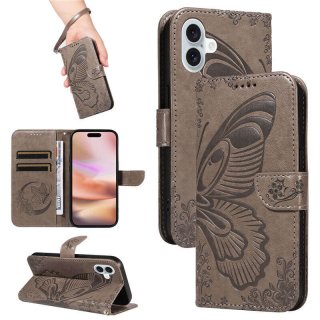 For iPhone 16 Plus Butterfly Embossed Wallet Kickstand Case Gray