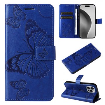 For iPhone 16 Pro Max Butterfly Embossed Wallet Magnetic Case Blue