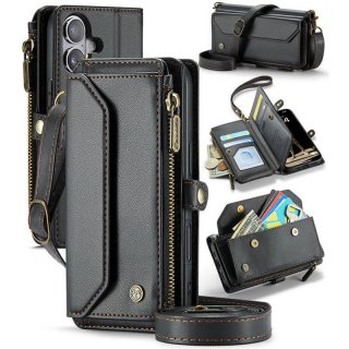 CaseMe iPhone 16 Wallet RFID Blocking Crossbody Case Support Wireless Charging Black