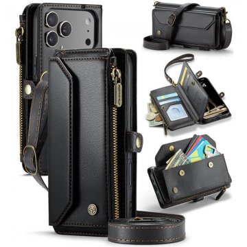 CaseMe iPhone 17 Pro Wallet RFID Blocking Crossbody Case with Wireless Charging Black