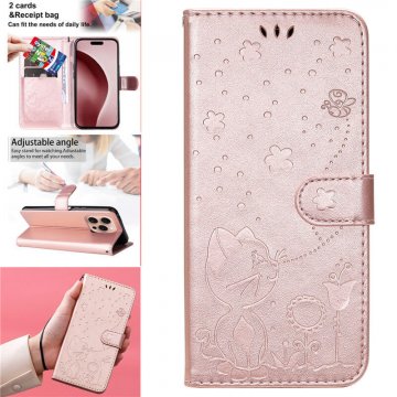 For iPhone 16 Pro Cat Bee Embossed Pattern Wallet Magnetic Case Rose Gold