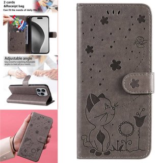 For iPhone 16 Pro Max Cat Bee Embossed Pattern Wallet Magnetic Case Gray