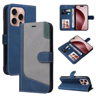 For iPhone 16 Pro Three-Color Splicing Wallet Kickstand Magnetic Case Blue