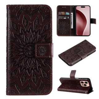 For iPhone 16 Pro Embossed Sunflower Pattern Wallet Magnetic Case Brown