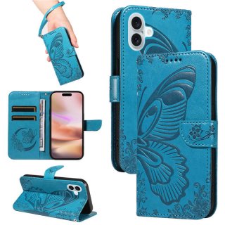 For iPhone 16 Plus Butterfly Embossed Wallet Kickstand Case Blue