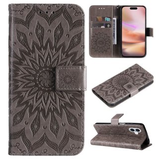 For iPhone 16 Plus Embossed Sunflower Pattern Wallet Magnetic Case Gray