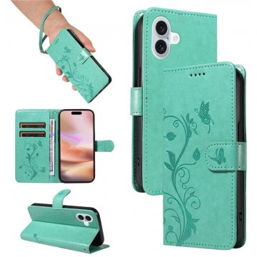 For iPhone 16 Plus Embossed Apricot Blossom Pattern Wallet Case Green