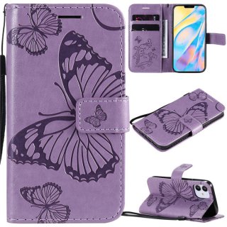 iPhone 12 Mini Embossed Butterfly Wallet Magnetic Stand Case Purple