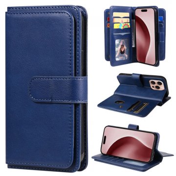 For iPhone 16 Pro Wallet 10 Card Slots Kickstand Leather Case Blue