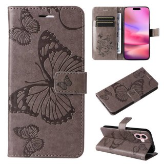 For iPhone 16 Butterfly Embossed Wallet Magnetic Case Gray