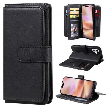 For iPhone 16 Plus Wallet 10 Card Slots Kickstand Leather Case Black