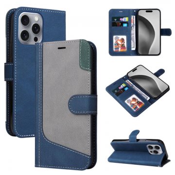 For iPhone 16 Pro Max Three-Color Splicing Wallet Kickstand Magnetic Case Blue